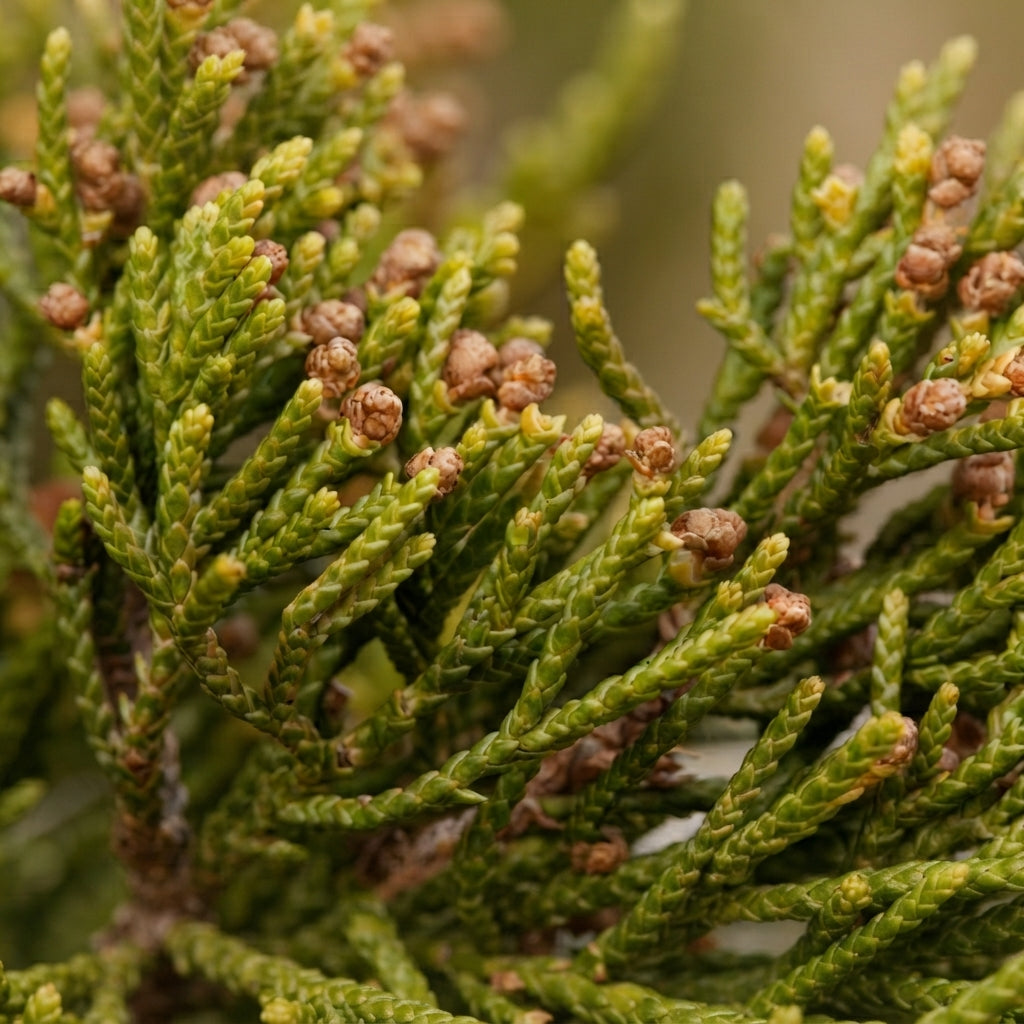 Eastern Red Cedar (Juniperus virginiana) evergreen foliage with developing seed cones. HarvestNest Seeds