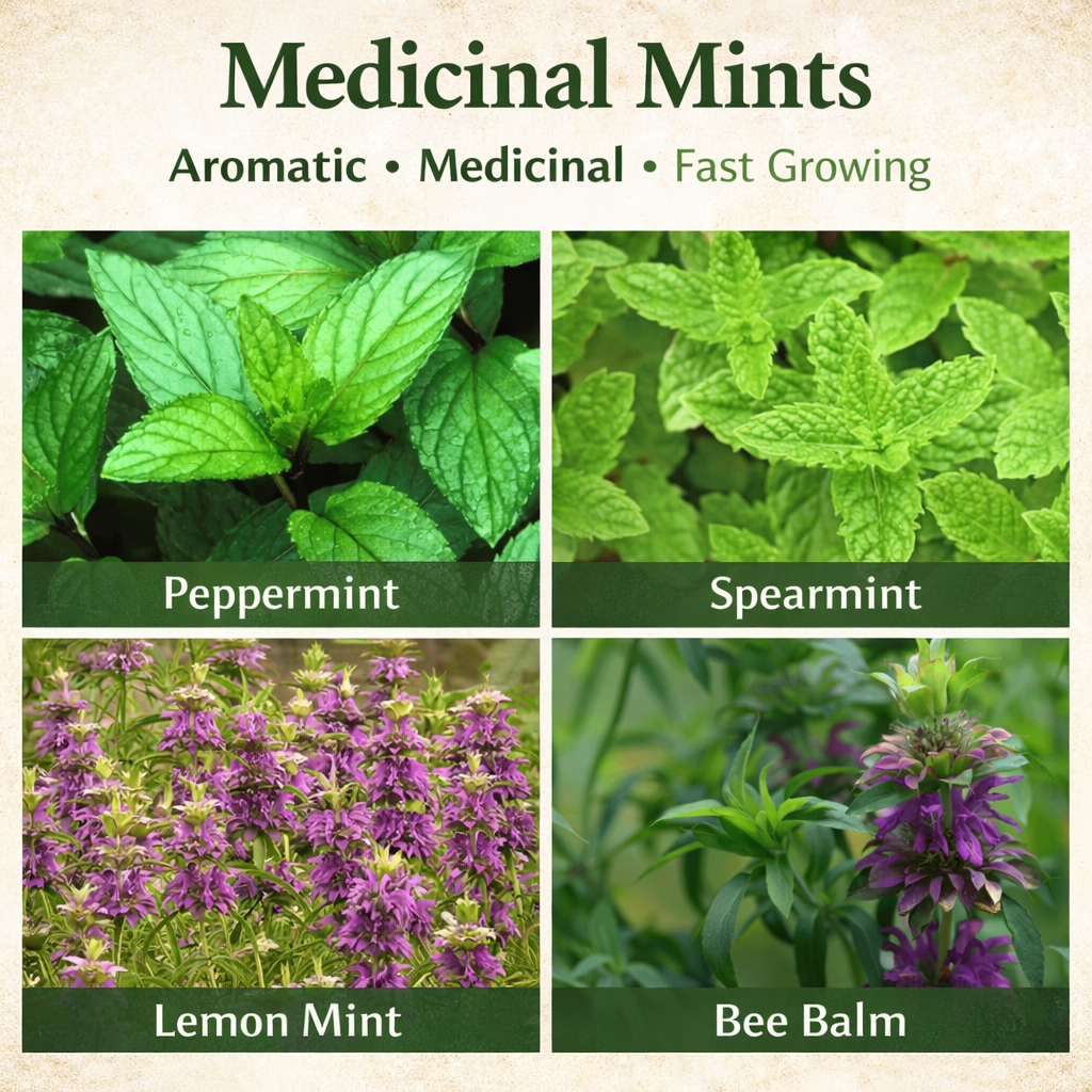 Four types of medicinal mints with their names: Peppermint, Spearmint, Lemon Mint, and Bee Balm - HarvestNest Seeds