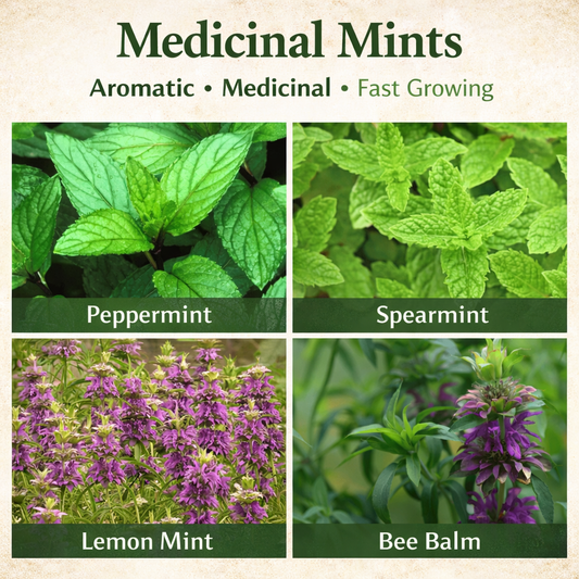 Four types of medicinal mints with their names: Peppermint, Spearmint, Lemon Mint, and Bee Balm - HarvestNest Seeds
