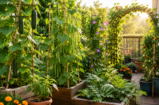 Vertical garden with climbing cucumbers, pole beans, squash, and flowering vines growing on trellises in a sunny backyard garden.