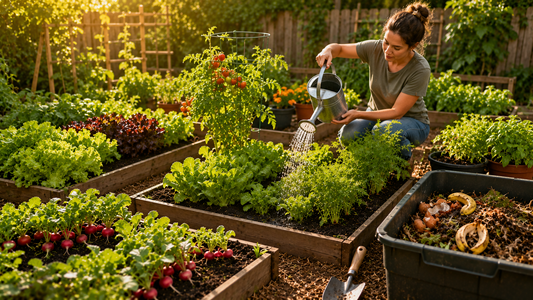 Beginner-friendly vegetable garden with healthy carrots, lettuce, cucumbers, and tomatoes growing in raised beds under natural sunlight