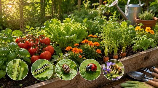 Raised garden bed with vegetables and close-ups of common garden pests including aphids, caterpillars, beetles, and bees, highlighting natural pest management.