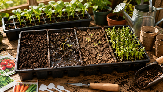 Seed starting mistakes including overwatering, underwatering, overcrowded seedlings, and improperly planted seeds compared with healthy young vegetable seedlings growing in seed trays.
