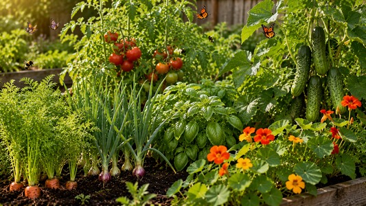 A raised bed garden showing vegetables and herbs planted together in companion groups, thriving under natural sunlight with rich soil and healthy leaves