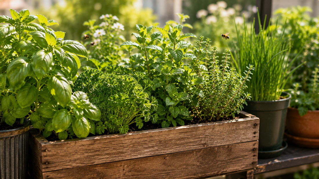 A small container garden with thriving herbs like basil, parsley, mint, and chives growing in pots on a balcony with morning sunlight