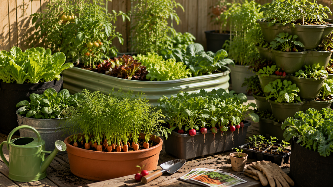 A cozy home container garden with healthy vegetables like lettuce, carrots, radishes, and herbs growing in pots and raised containers under natural sunlight