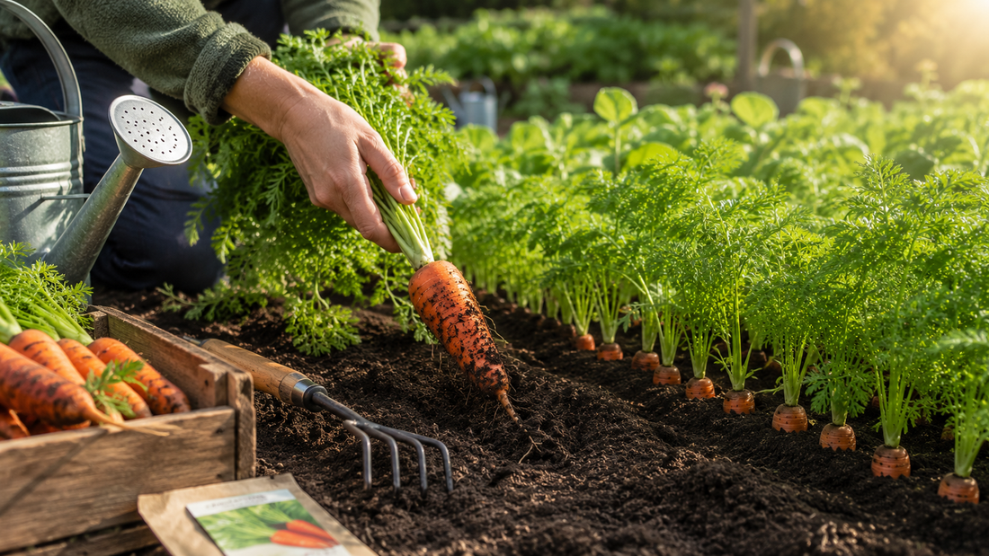 Healthy carrot plants growing in rich garden soil while a gardener harvests fresh orange carrots in a sunny backyard vegetable garden.