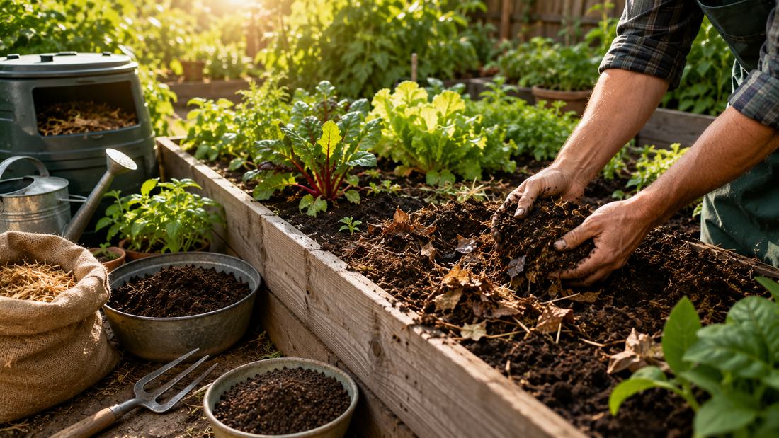 Healthy vegetable garden with rich dark soil and thriving green plants under natural sunlight.