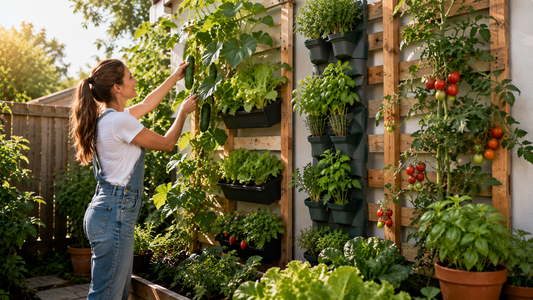 A female gardener tending a vertical garden on a sunny patio, harvesting cucumbers, lettuce, tomatoes, and herbs from wall-mounted planters and raised beds, demonstrating beginner-friendly vertical gardening in a small backyard space.