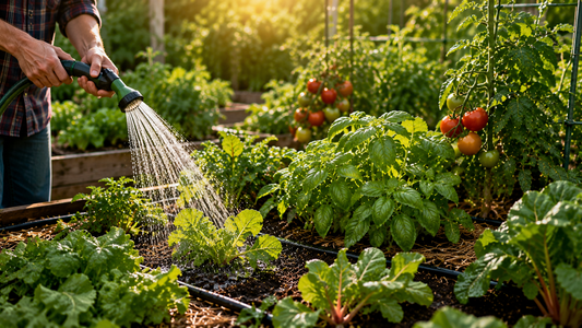 A backyard vegetable garden with healthy plants being watered using a watering hose under morning sunlight, showing rich dark soil and thriving green vegetables