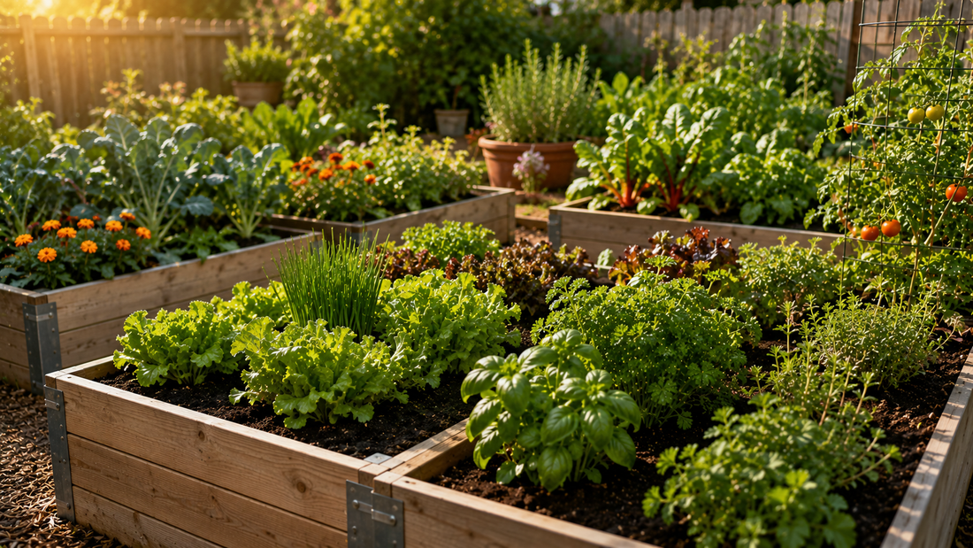 A backyard raised bed garden with healthy vegetables and herbs growing in wooden raised beds, sunlight highlighting lush green plants and rich soil