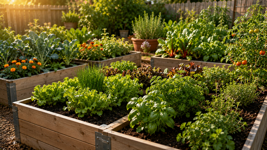 A backyard raised bed garden with healthy vegetables and herbs growing in wooden raised beds, sunlight highlighting lush green plants and rich soil