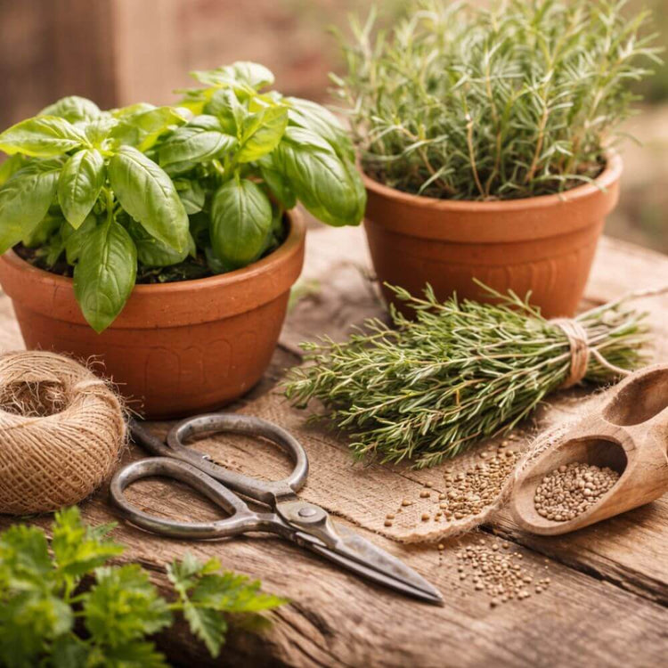 Herb seeds growing in pots with basil, thyme, and rosemary – HarvestNest Seeds