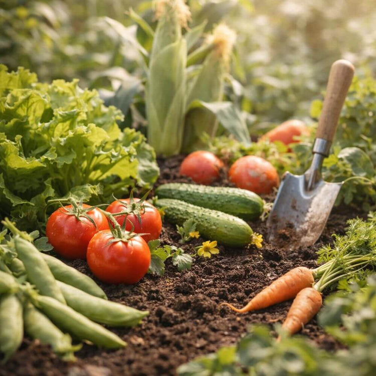 Vegetable seeds growing in a home garden with tomatoes, carrots, and greens – HarvestNest Seeds