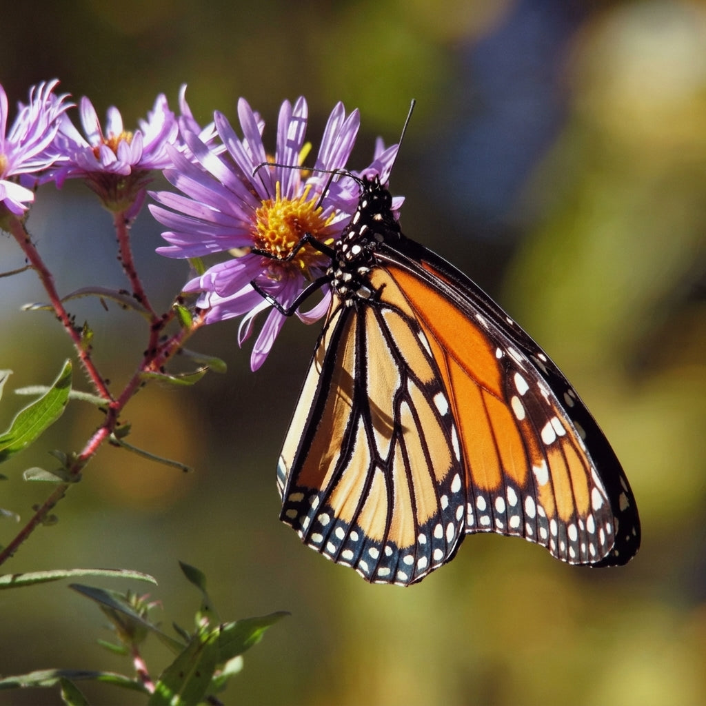 Monarch butterfly feeding on purple perennial wildflowers in a pollinator garden. HarvestNest Seeds