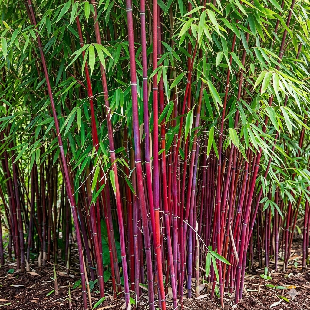 Bamboo plants with red-purple stalks and green leaves. HarvestNest Seeds