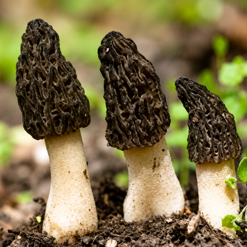Black Morel mushrooms growing naturally in rich soil, prized for gourmet recipes and premium mushroom cultivation. HarvestNest Seeds.