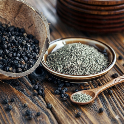 Black pepper in a shell, ground pepper in a bowl, and a wooden spoon with pepper on a wooden surface. HarvestNest Seeds