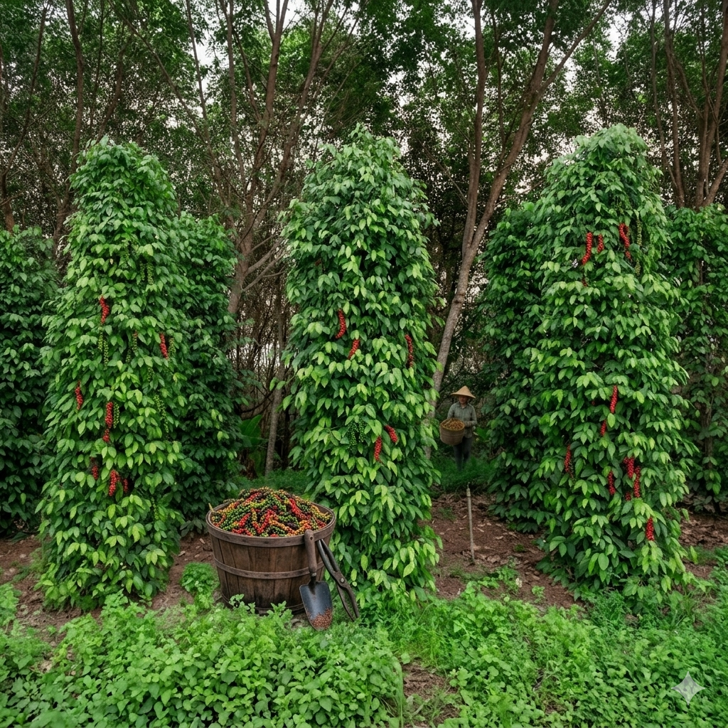 Garden with tall green plants and red fruits, with a person in the background. HarvestNest Seeds