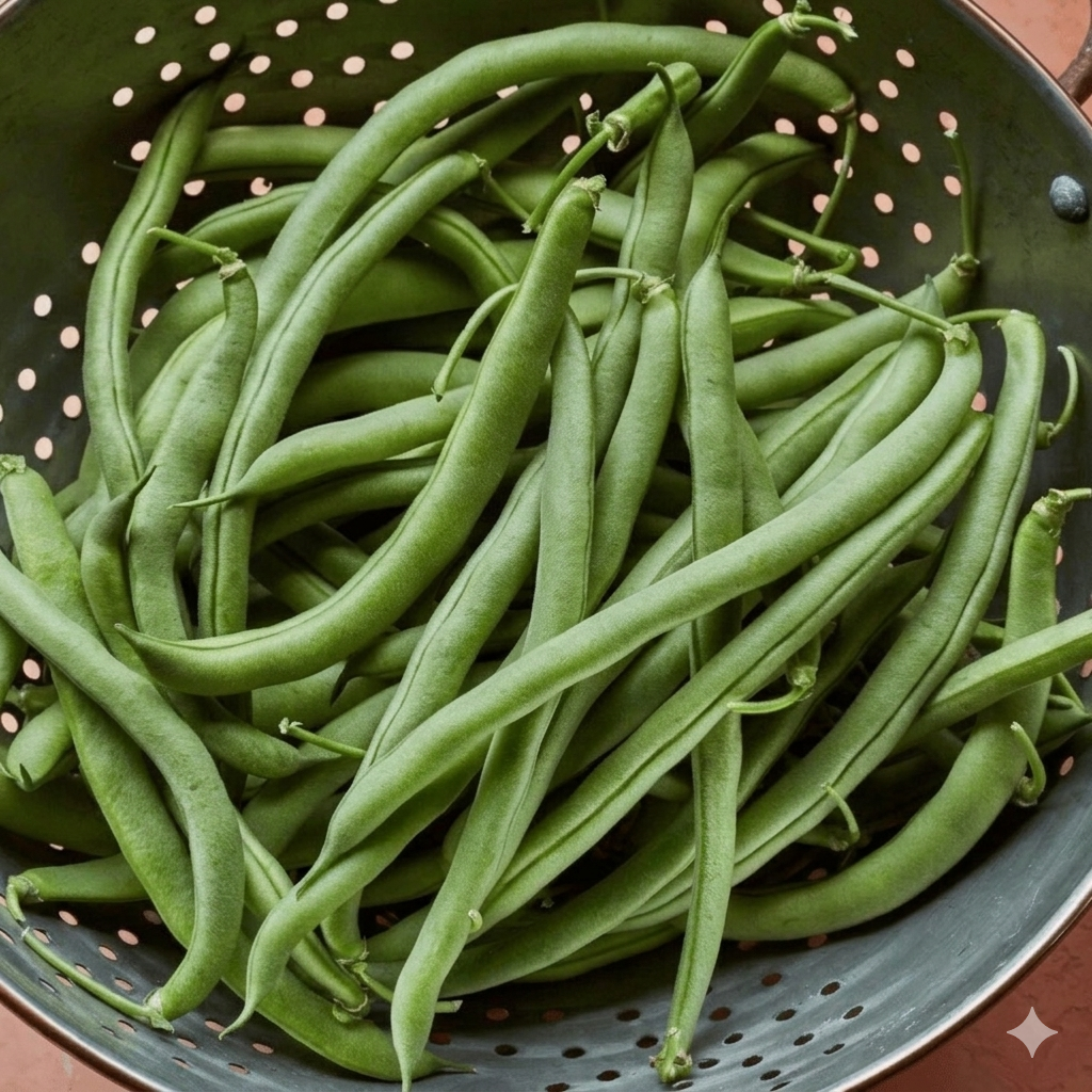 Fresh harvested Blue Lake Stringless Pole Beans in a colander, perfect for organic home gardening and cooking. - HarvestNest Seeds