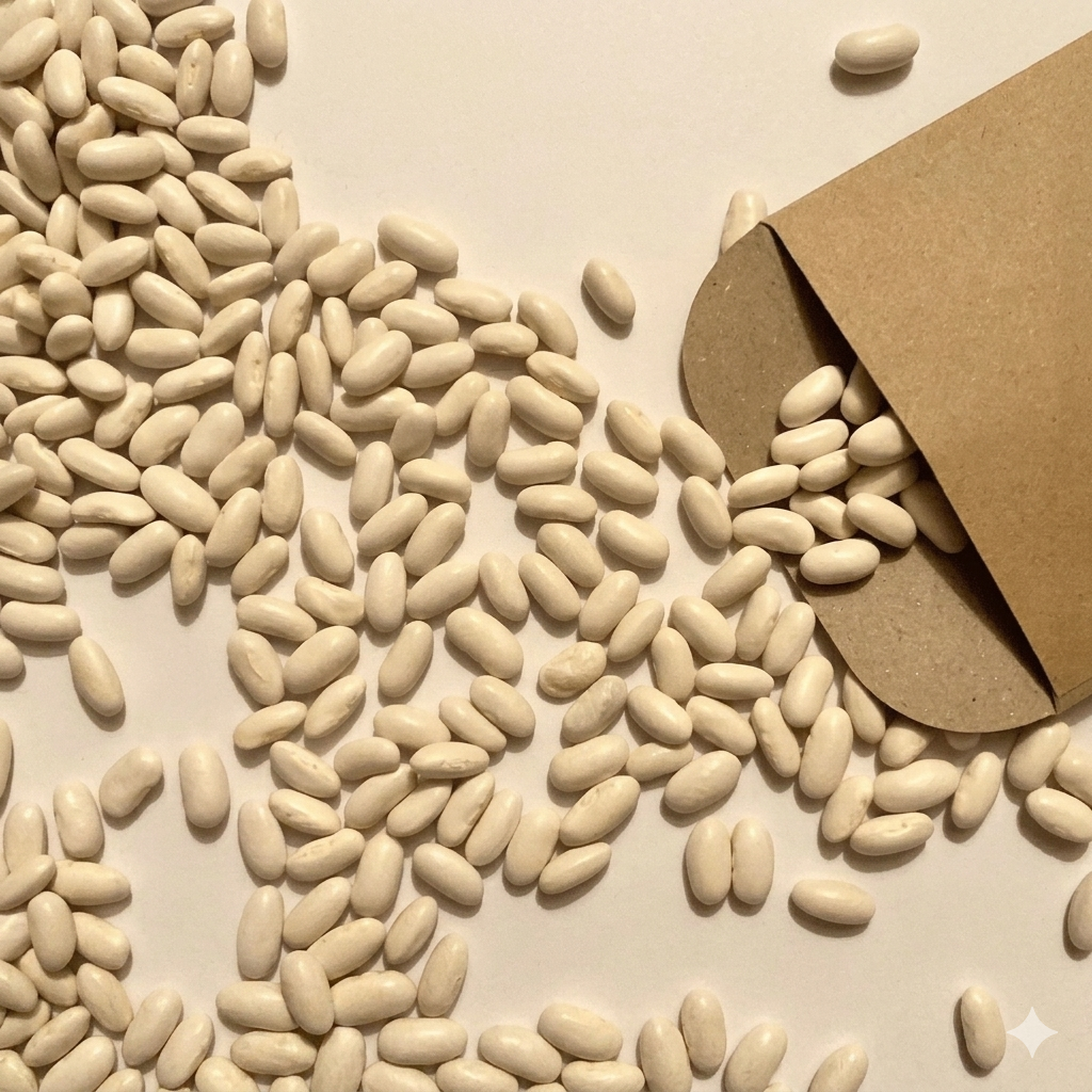 Blue Lake Stringless Pole Bean seeds beside a kraft seed packet for productive home vegetable gardening. HarvestNest Seeds