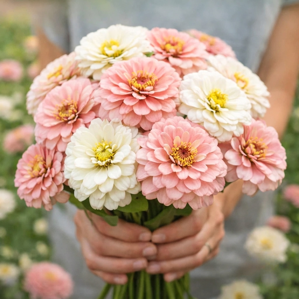 Fresh pink and white zinnia bouquet, vibrant garden flowers, perfect for planting – Blushing Bride Zinnia Mix Seeds. HarvestNest Seeds