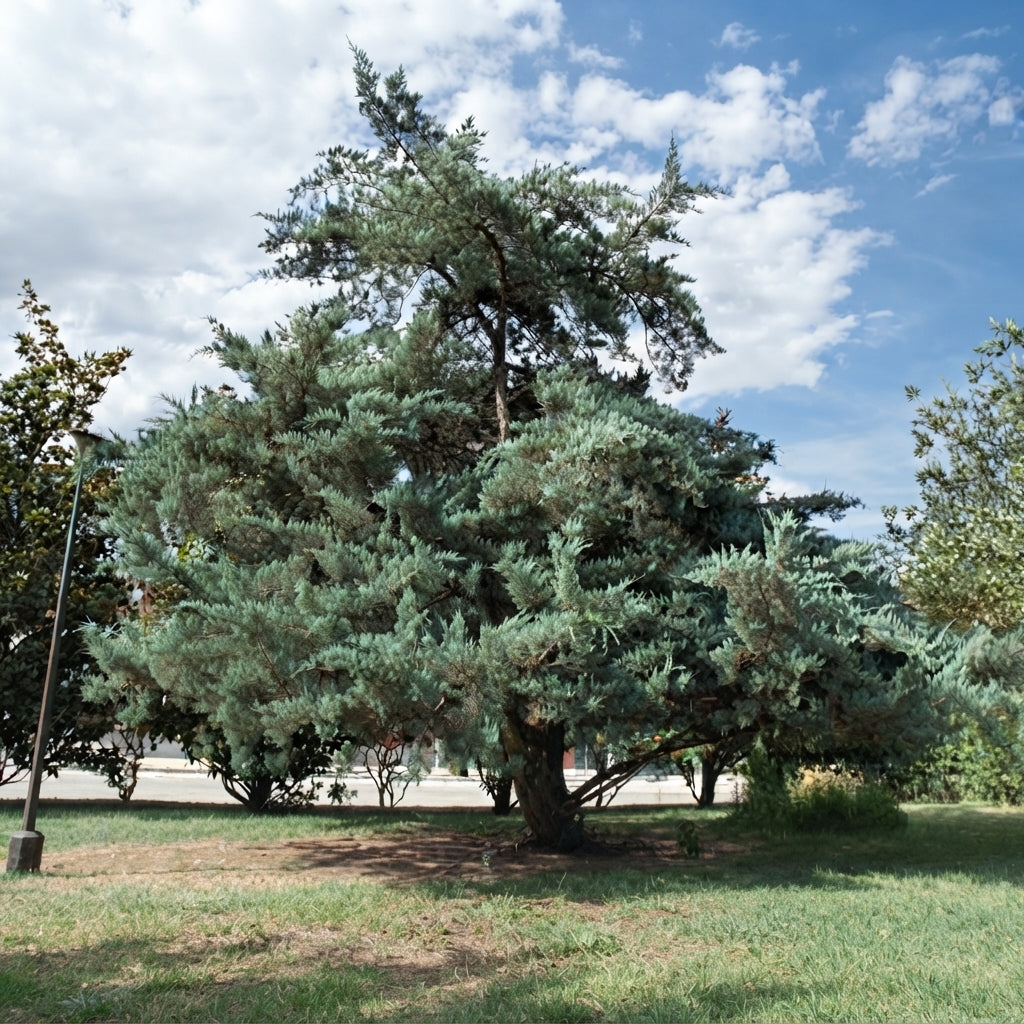 Eastern Red Cedar (Juniperus virginiana) mature evergreen tree with dense blue-green foliage. HarvestNest Seeds