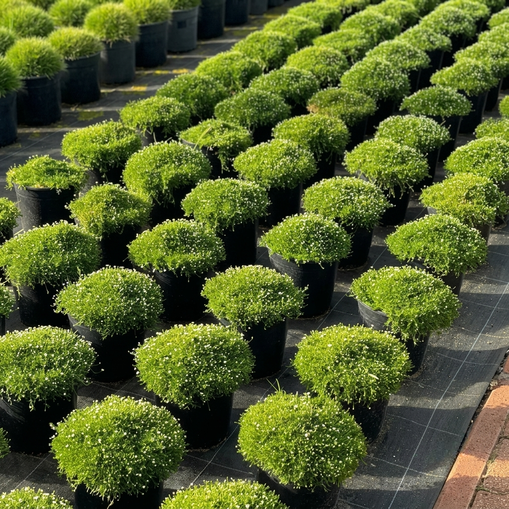 Dense green potted plants in rows at nursery, ready for sale or landscaping. HarvestNest Seeds