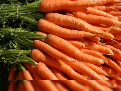 Bundles of fresh carrots with green tops. HarvestNest Seeds