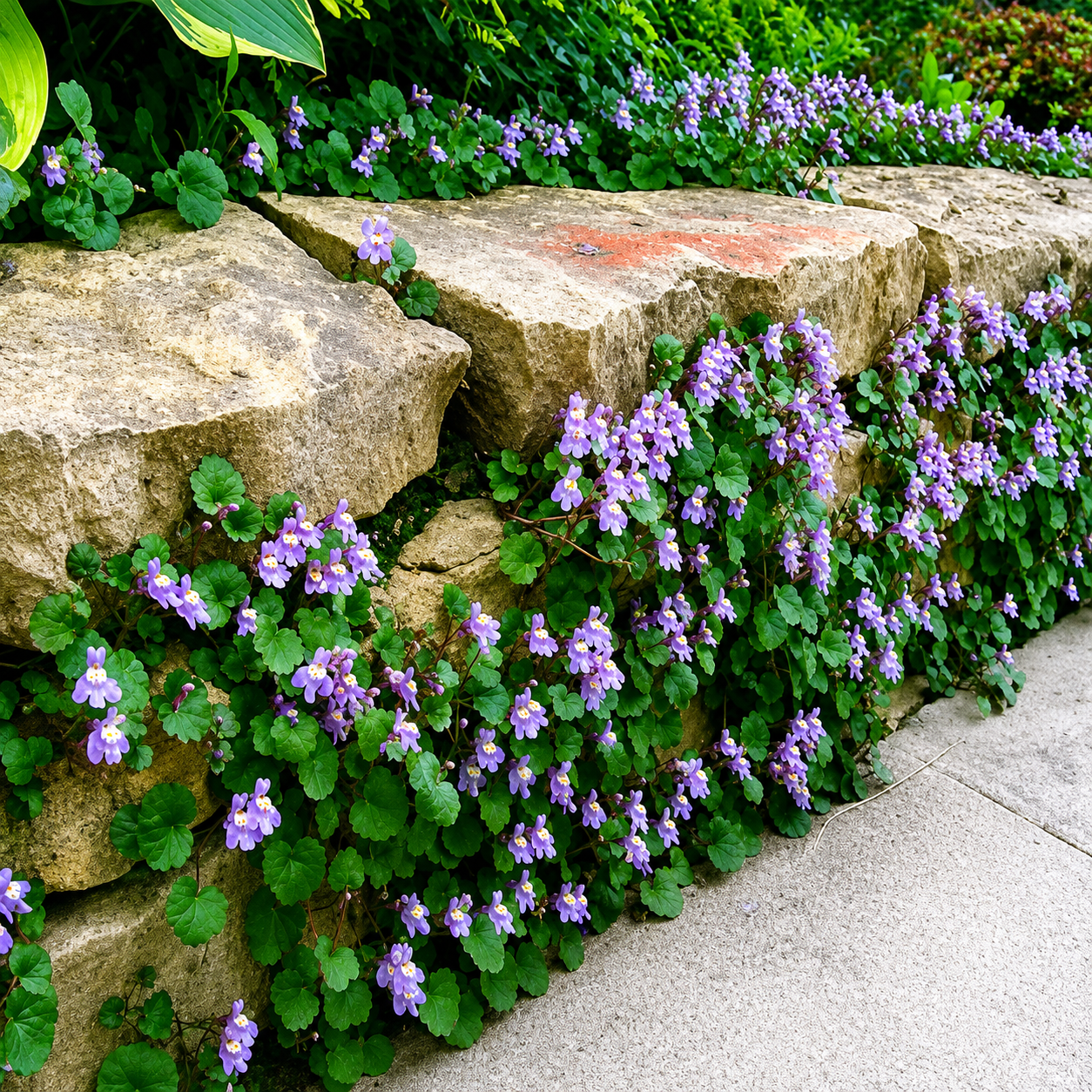 Flowering Ground Ivy cascading along stone borders, ideal for cottage gardens and low-growing landscape coverage. HarvestNest Seeds