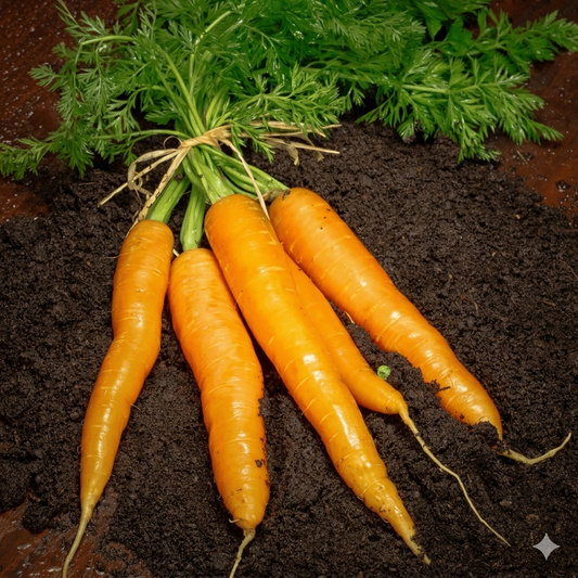 Bunch of carrots with green tops on a dark soil background - HarvestNest Seeds