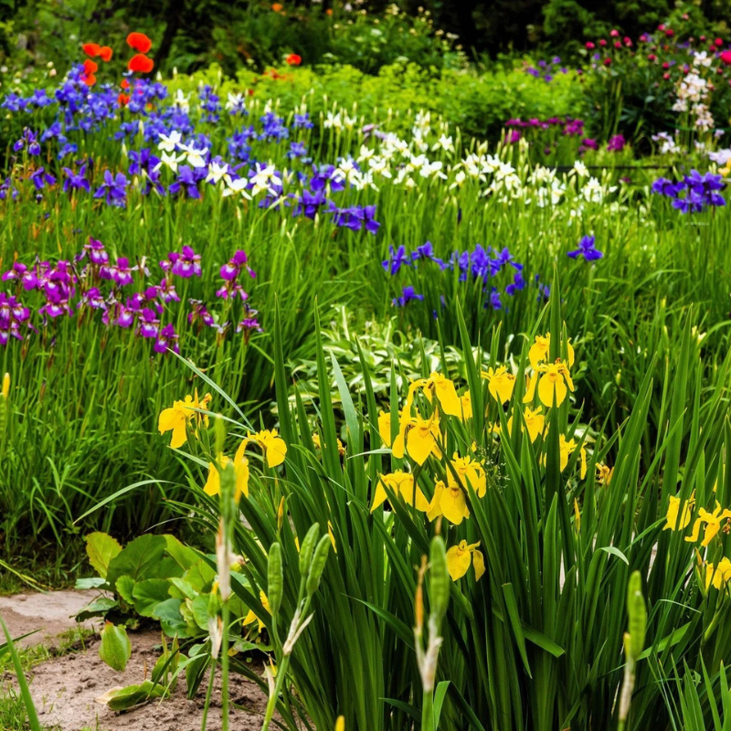 Colorful heirloom Iris flowers blooming in a lush garden, perfect for borders, cottage gardens, and spring landscapes. HarvestNest Seeds