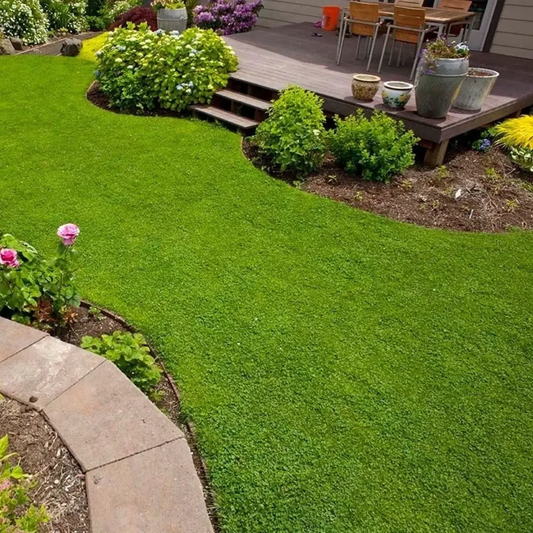Lush green lawn with garden beds, flowers, and a wooden deck. HarvestNest Seeds