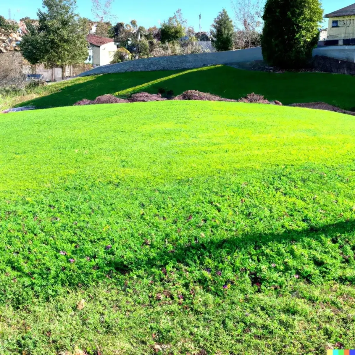 Lush green lawn with a residential area in the background - HarvestNest Seeds