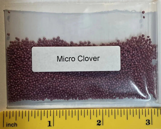 Bag of purple micro clover seeds with a ruler for scale. HarvestNest Seeds