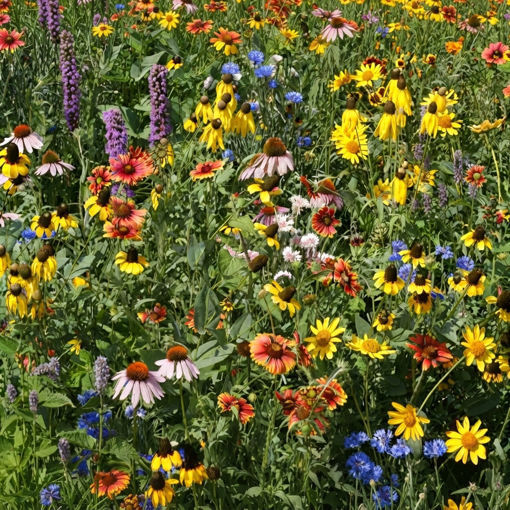 A dense field of wildflowers in full bloom, featuring yellow coneflowers, orange and red ragged-rose flowers, purple lavender spikes, and blue cornflowers among green foliage. HarvestNest Seeds