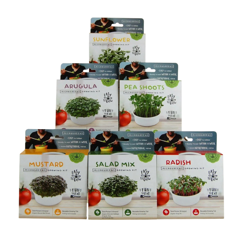 Mini microgreens growing kits featuring sunflower, pea shoots, radish, mustard, salad mix, and arugula. HarvestNest Seeds