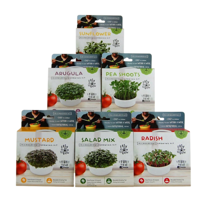 Mini microgreens growing kits featuring sunflower, pea shoots, radish, mustard, salad mix, and arugula. HarvestNest Seeds