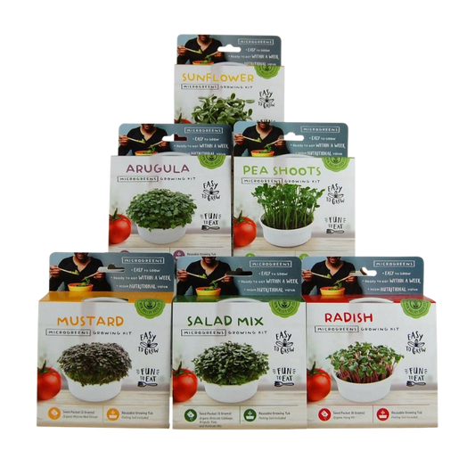 Mini microgreens growing kits featuring sunflower, pea shoots, radish, mustard, salad mix, and arugula. HarvestNest Seeds