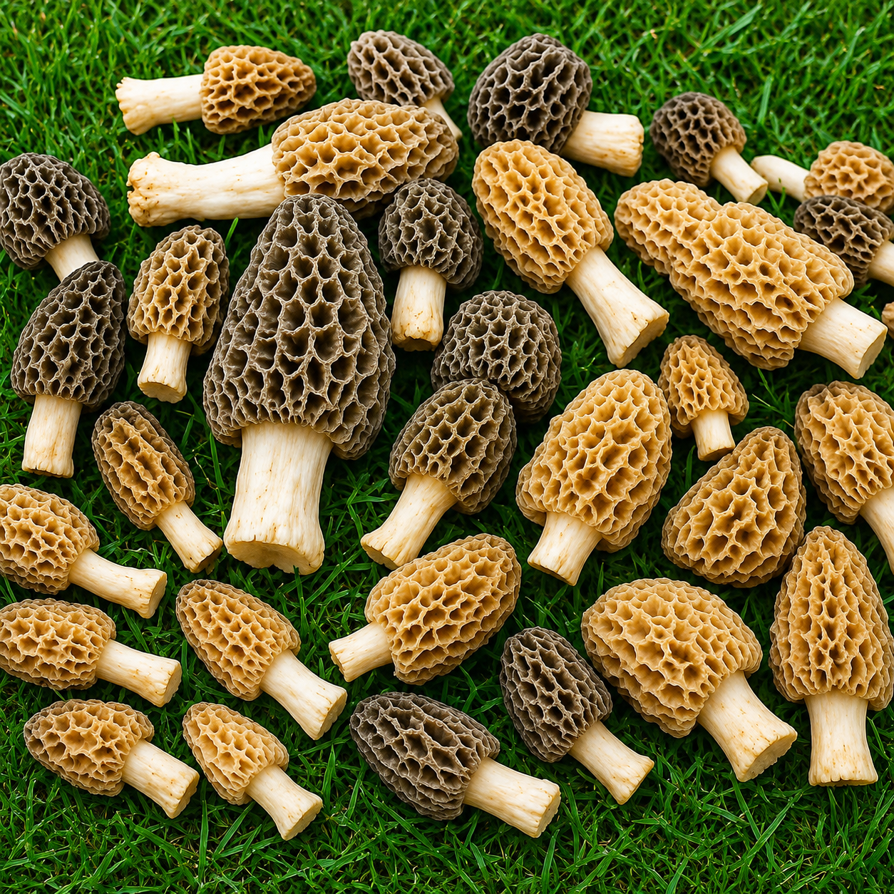Fresh Morel mushrooms with rich honeycomb caps, perfect for gourmet cooking and woodland mushroom cultivation. HarvestNest Seeds