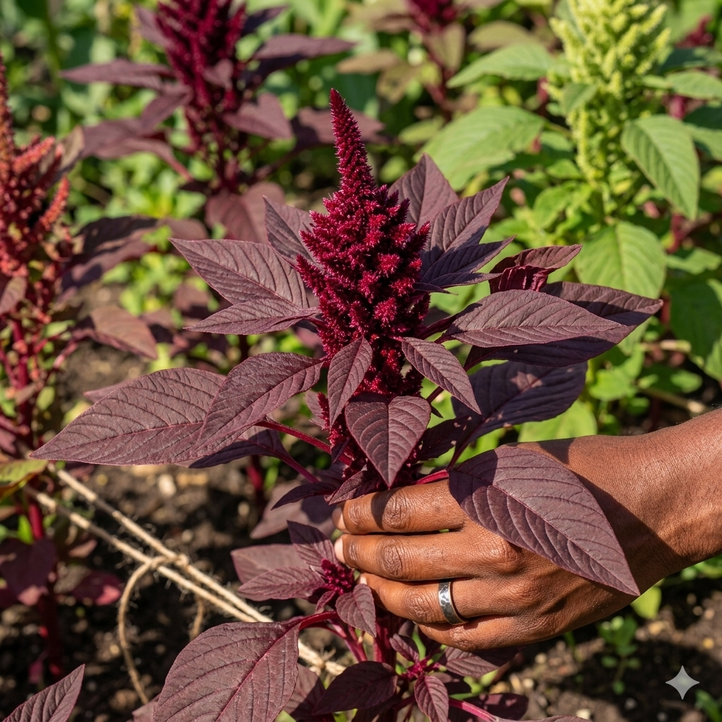 Hand holding a bundle of red amaranth plants - HarvestNest Seeds