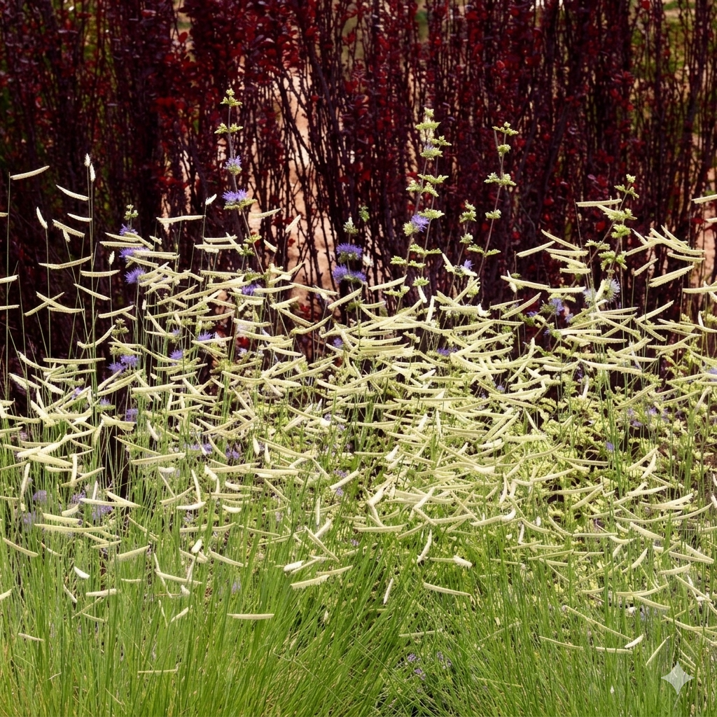 Elegant Blue Grama grass swaying in a natural landscape, ideal for low-maintenance native garden designs. HarvestNest Seeds