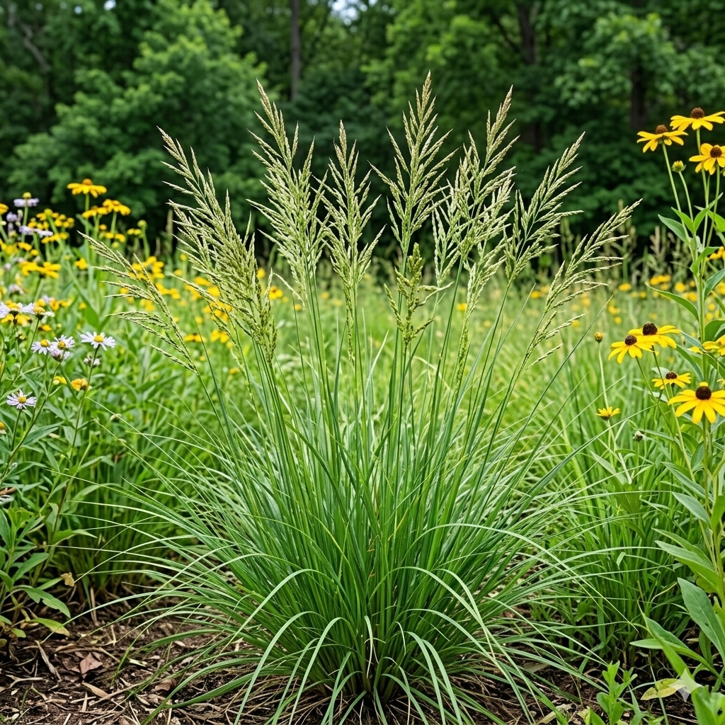 Tall green grass with yellow flowers in a natural setting