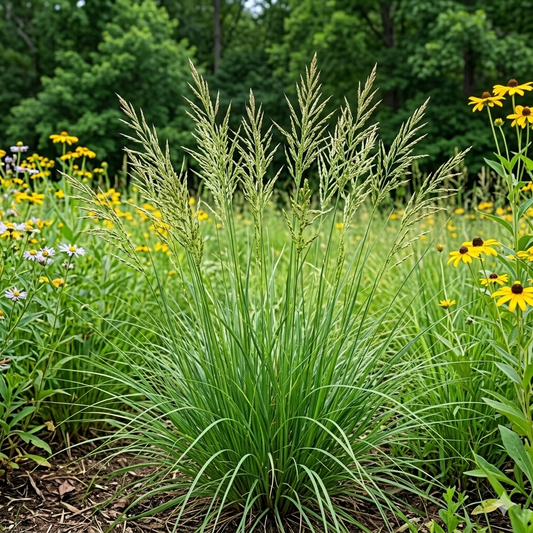 Tall green grass with yellow flowers in a natural setting
