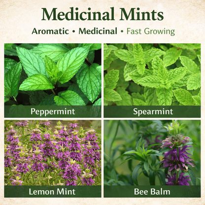 Four types of medicinal mints with their names: Peppermint, Spearmint, Lemon Mint, and Bee Balm - HarvestNest Seeds